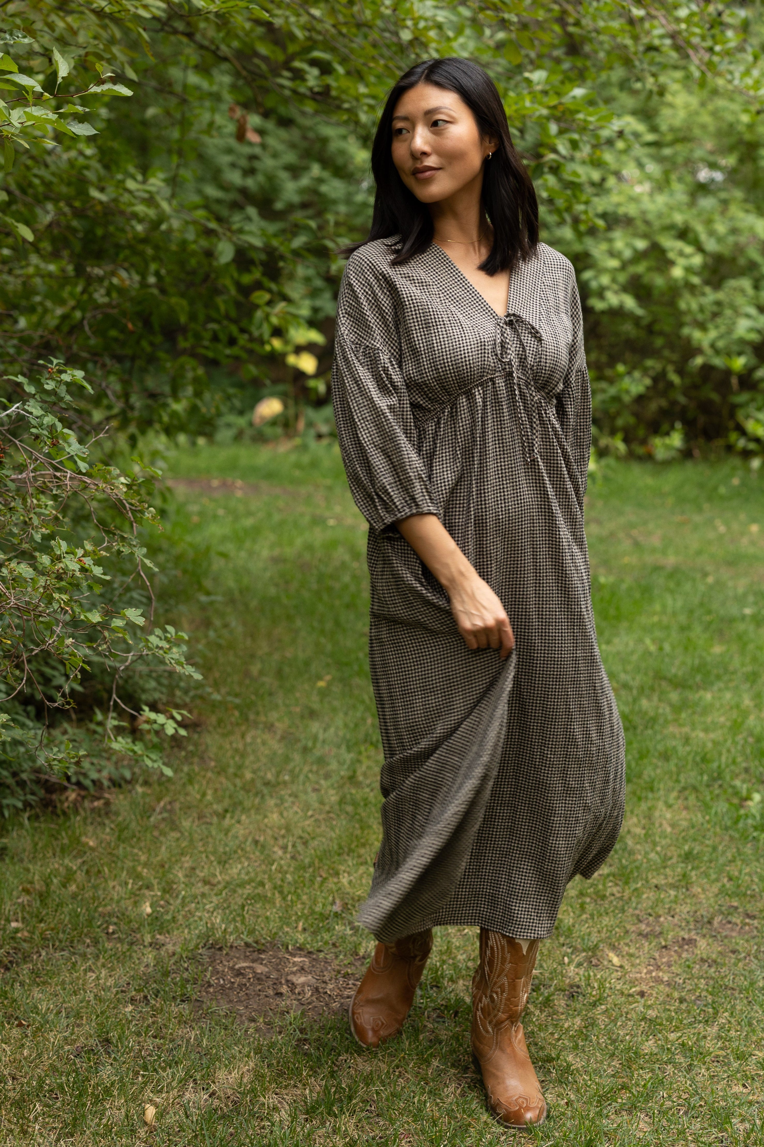 Brass & Roe Gauze Tie Front Dress - Gingham