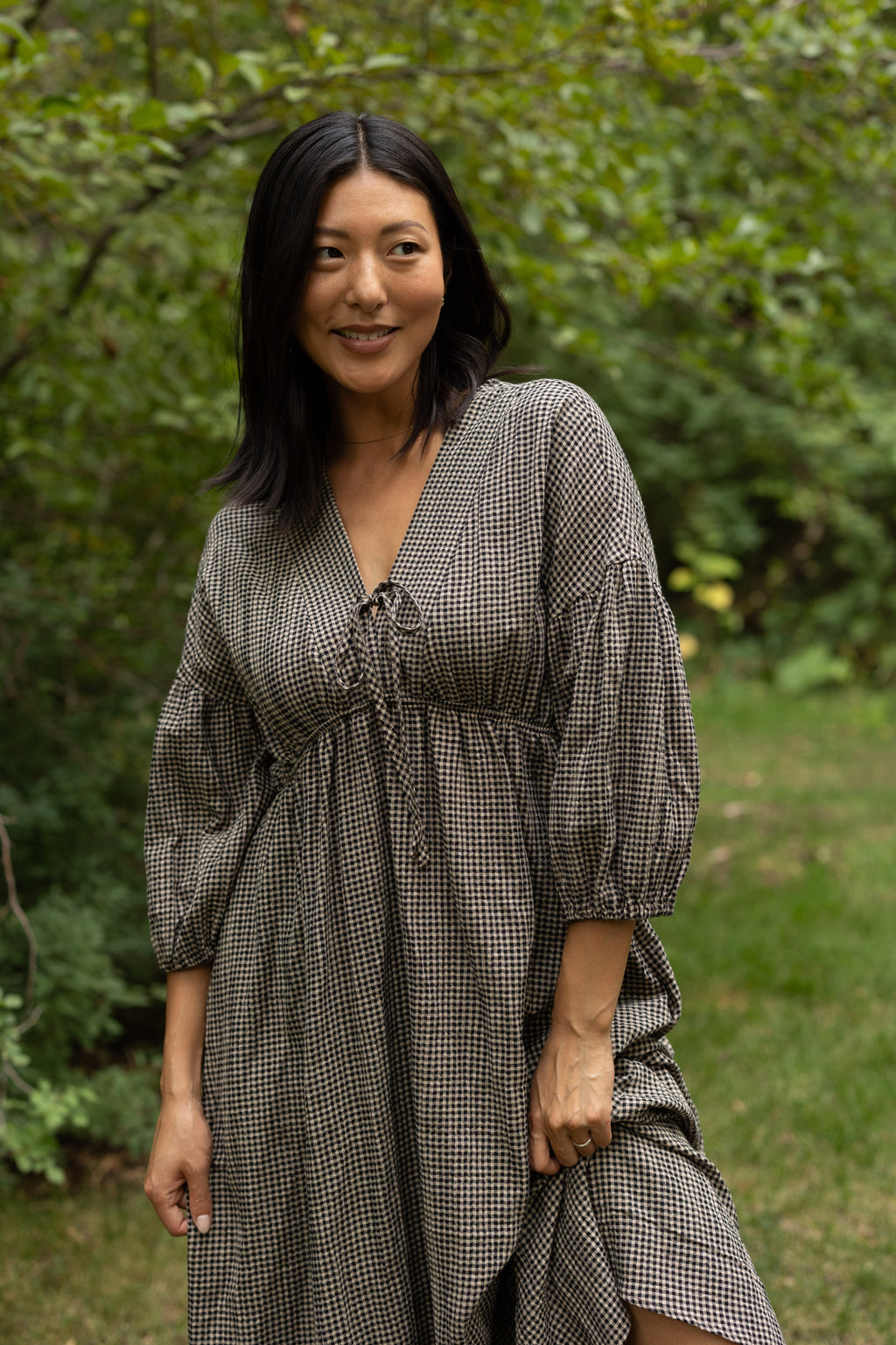 Brass & Roe Gauze Tie Front Dress - Gingham