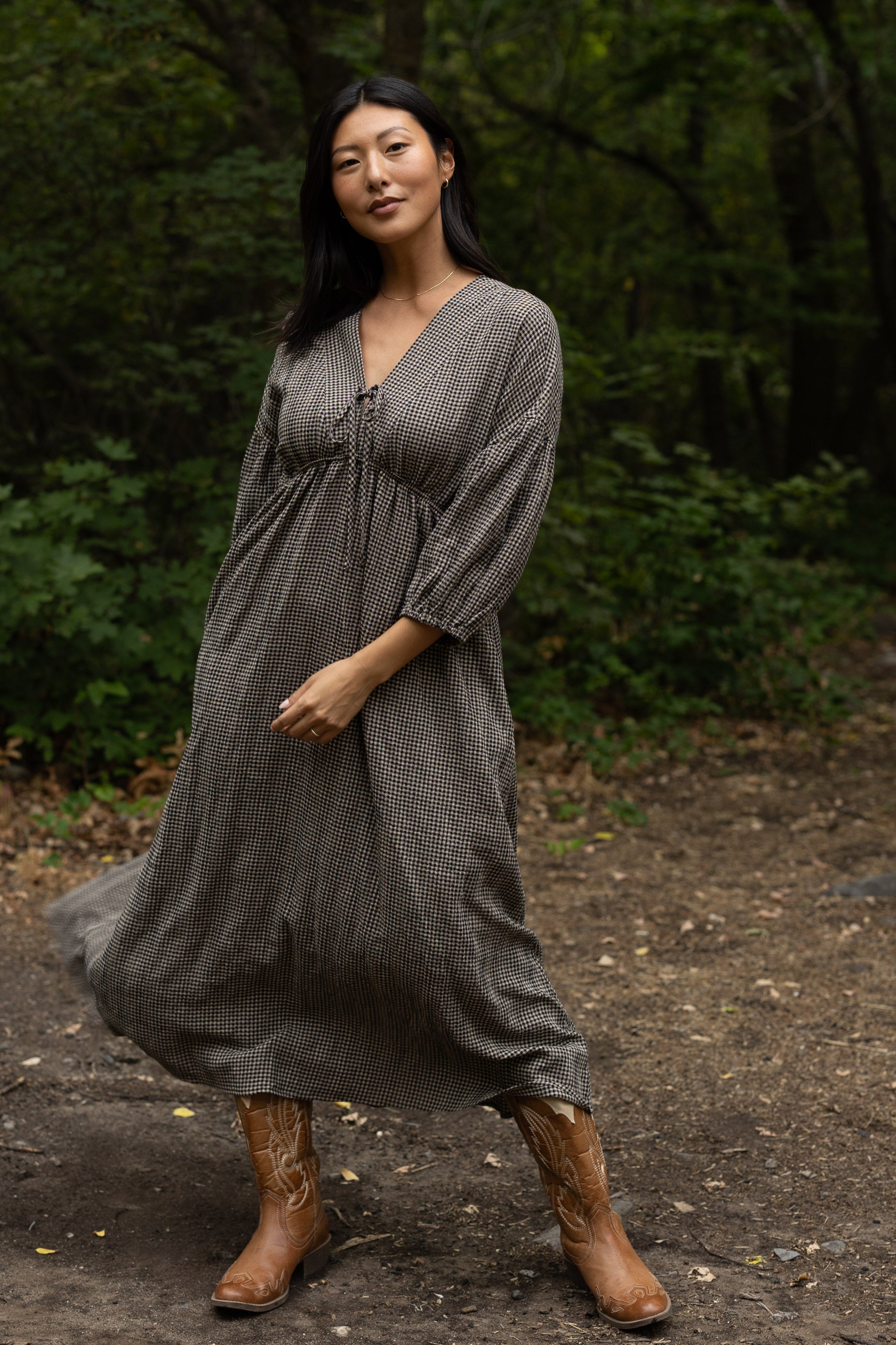 Brass & Roe Gauze Tie Front Dress - Gingham