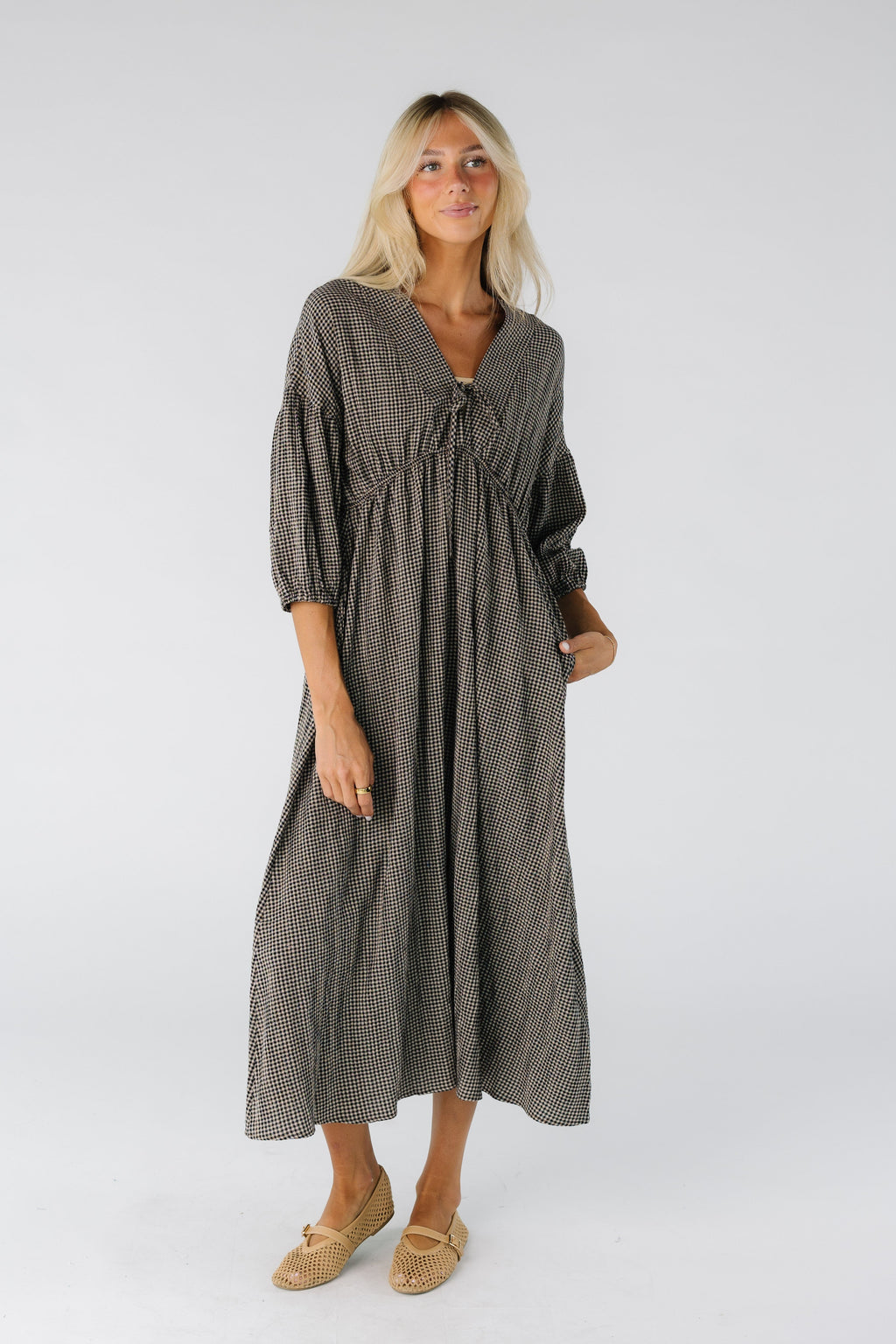 Brass & Roe Gauze Tie Front Dress - Gingham