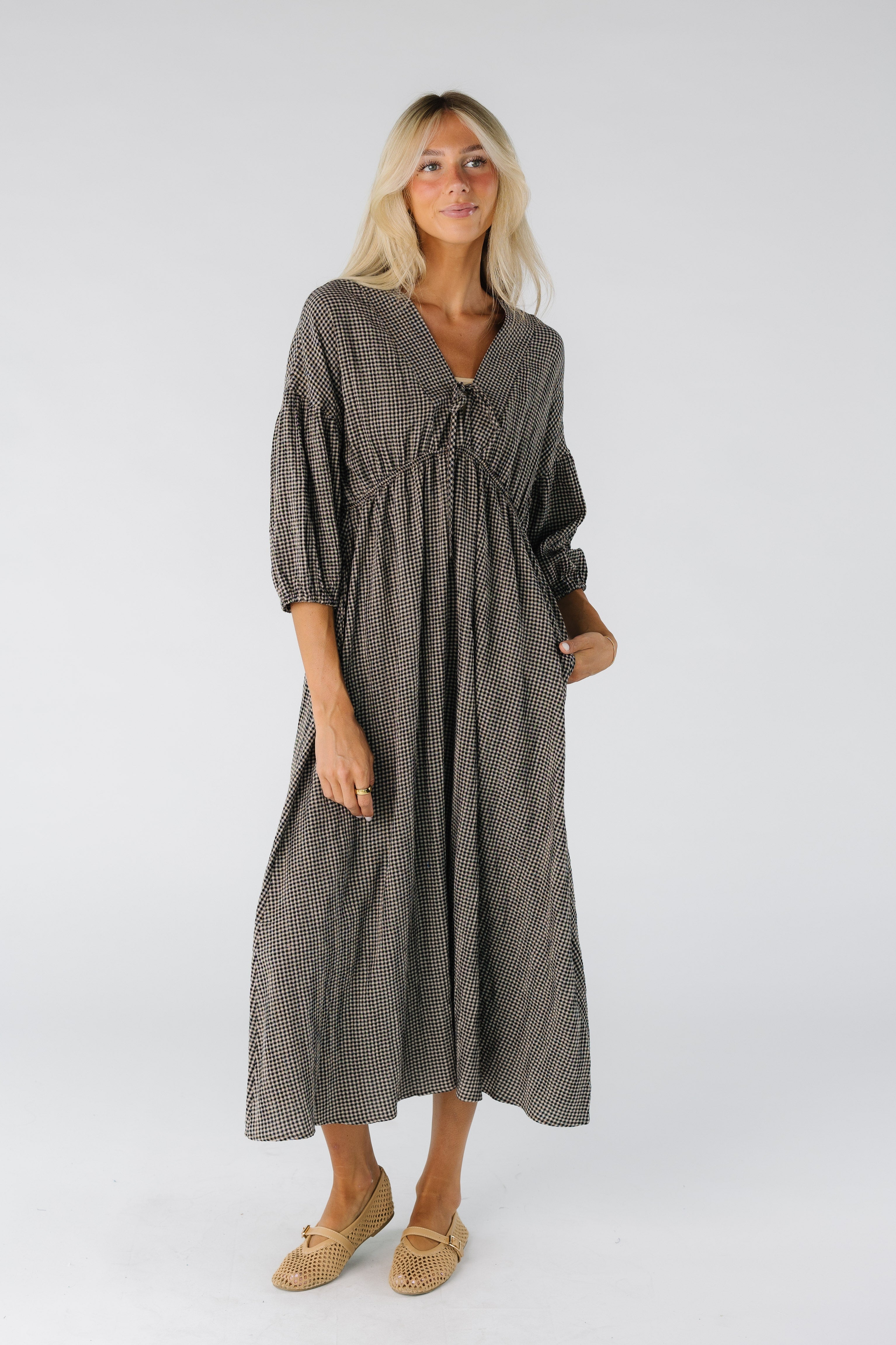 Brass & Roe Gauze Tie Front Dress - Gingham