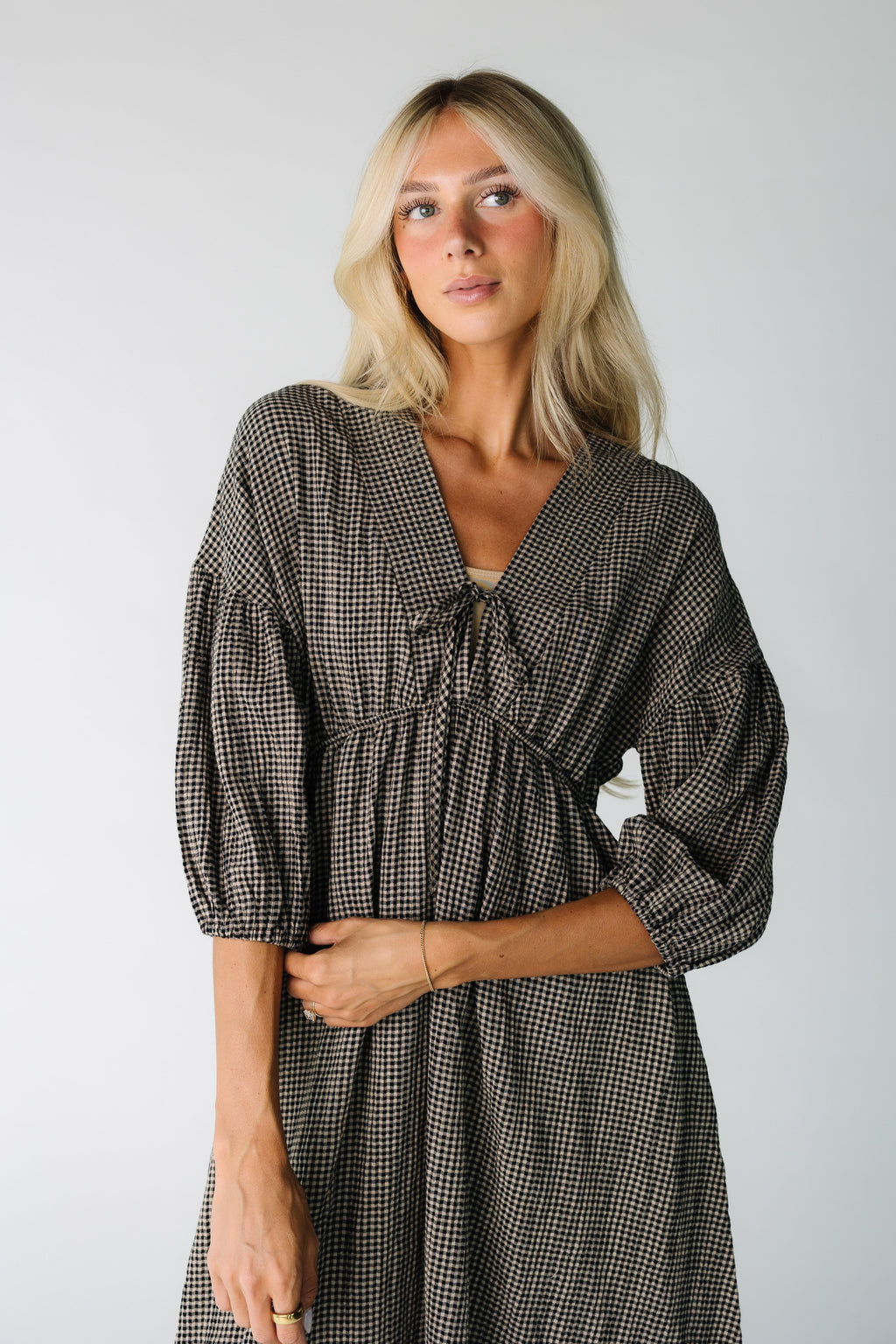 Brass & Roe Gauze Tie Front Dress - Gingham