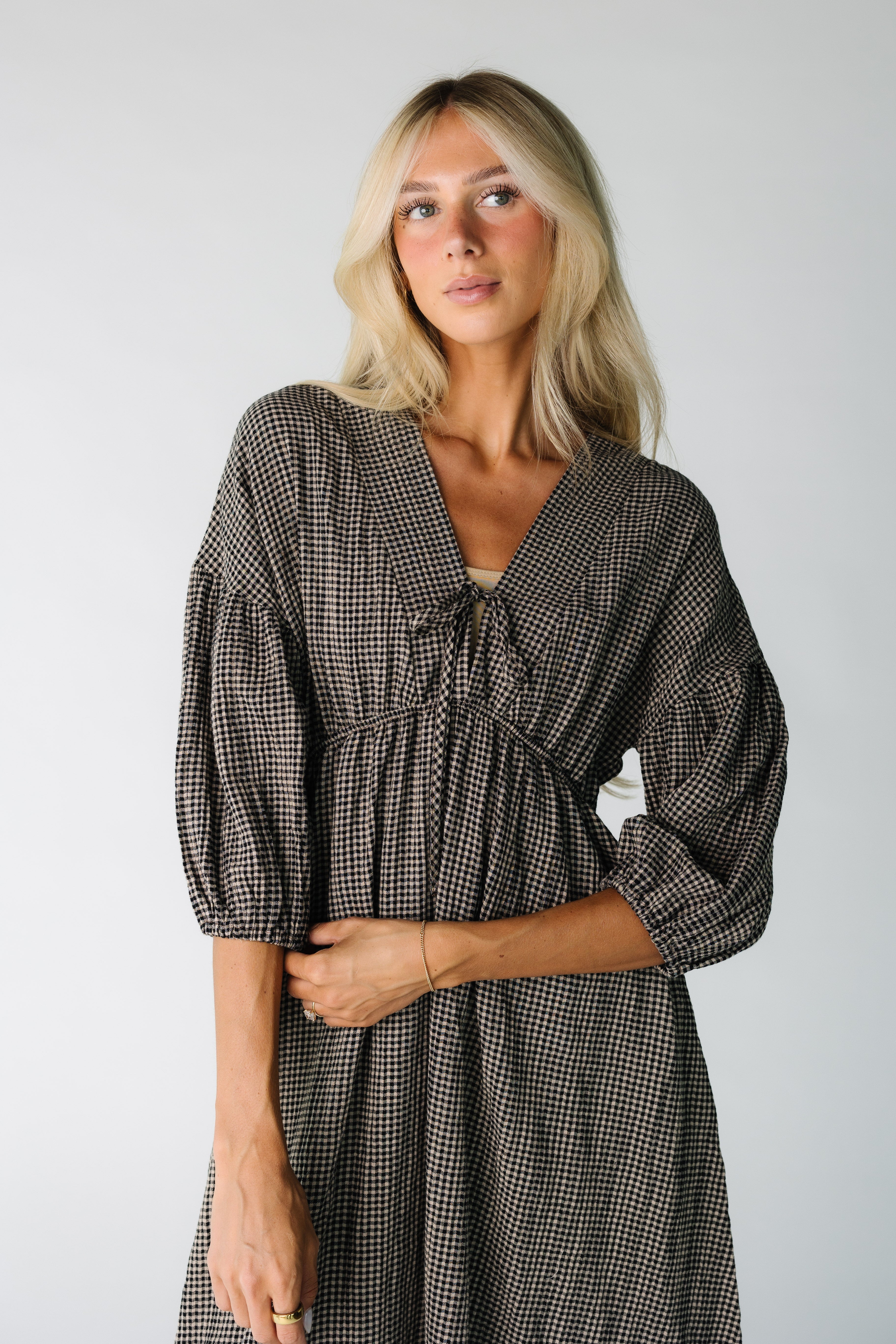Brass & Roe Gauze Tie Front Dress - Gingham