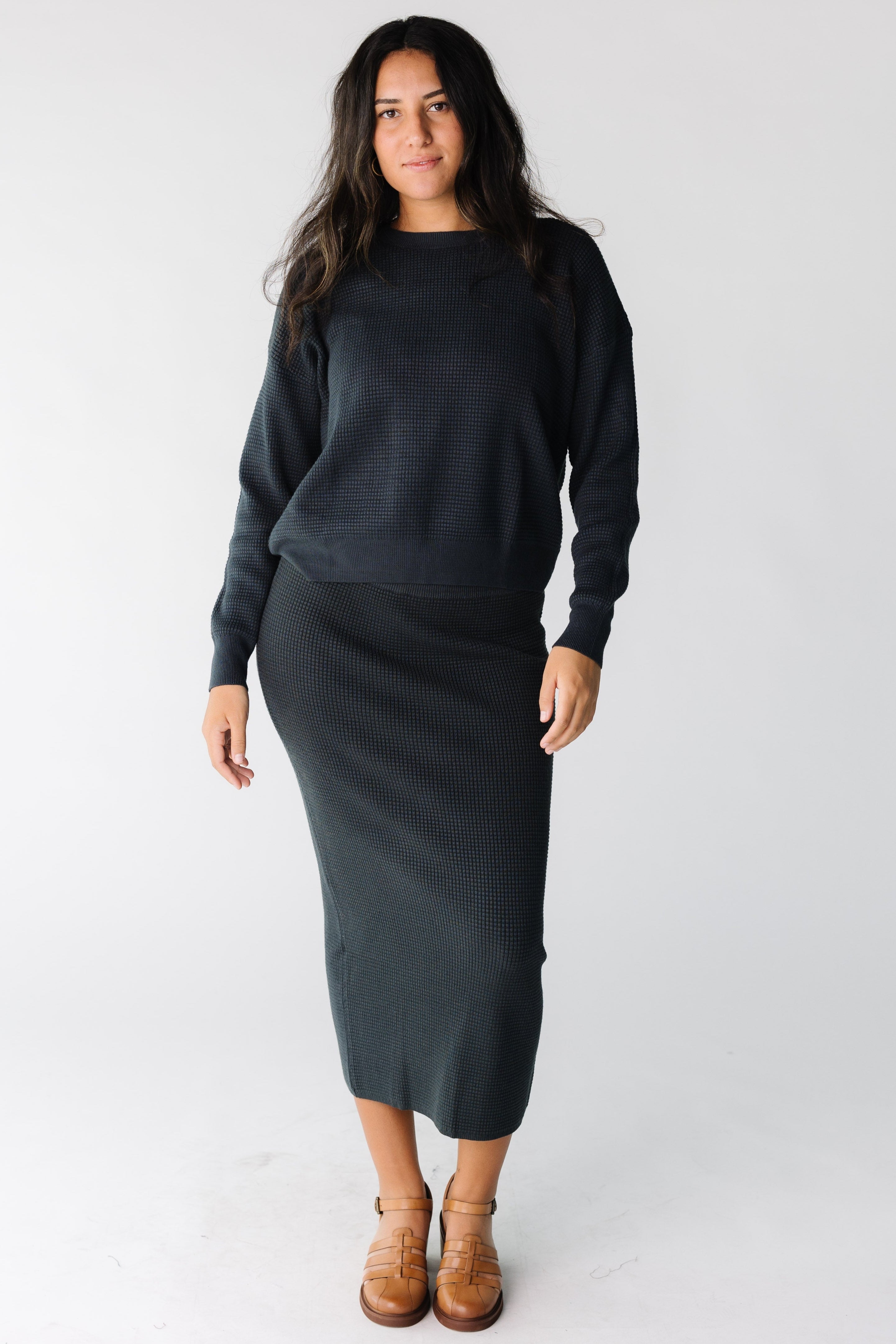 Textured Waffle Sweater Skirt Set