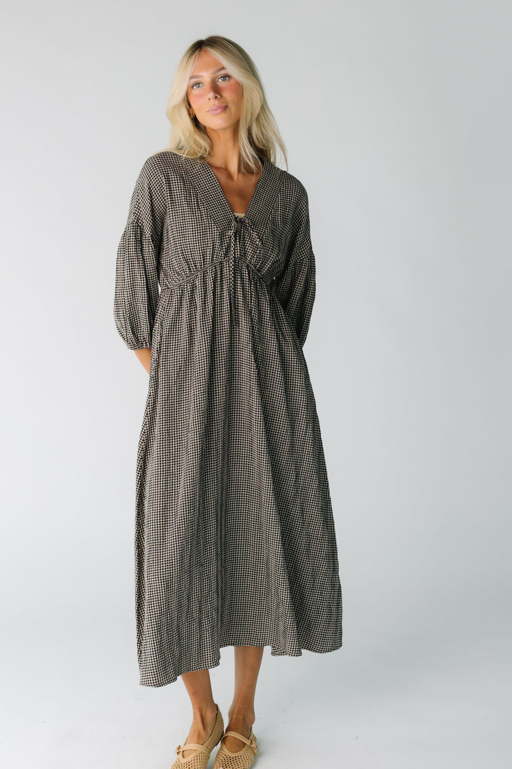 Brass & Roe Gauze Tie Front Dress - Gingham