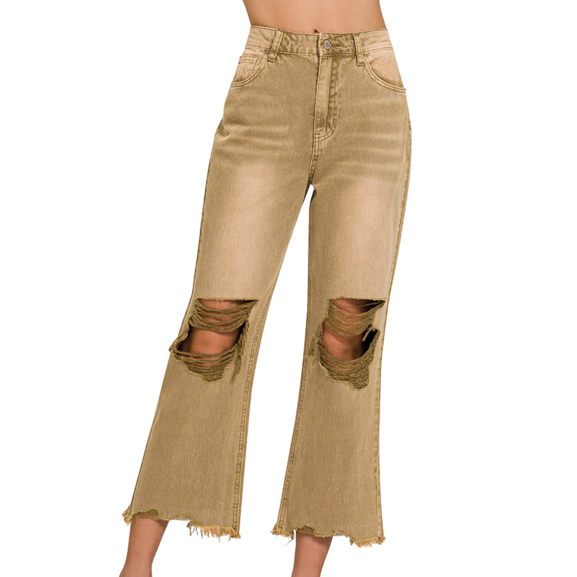 Washed Distressed Camel Cropped Pants