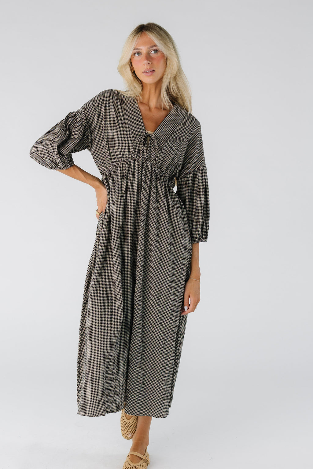 Brass & Roe Gauze Tie Front Dress - Gingham