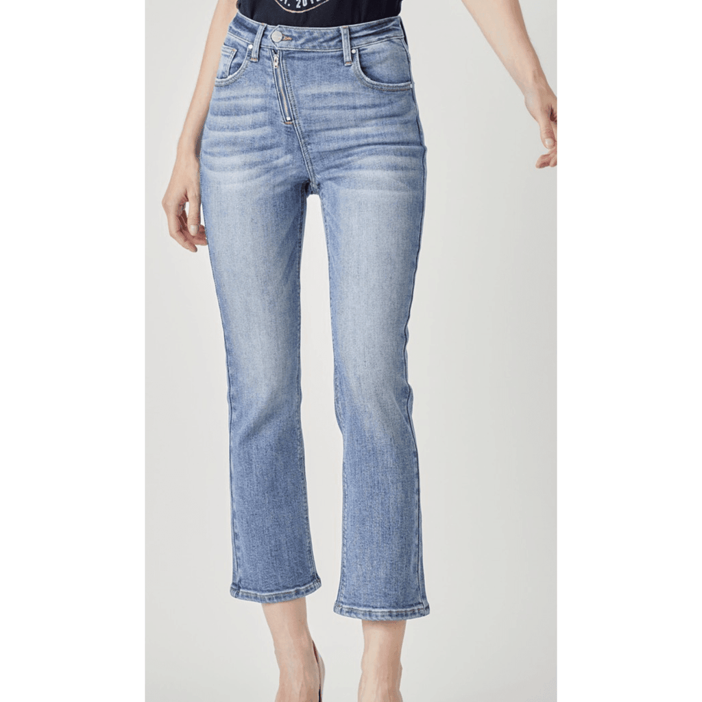 High Rise Crossover Zipper Front Straight Jeans