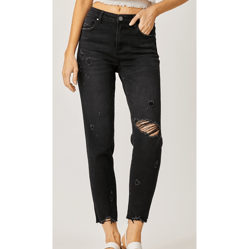 Mid Rise Tapered Distressed Black Jeans
