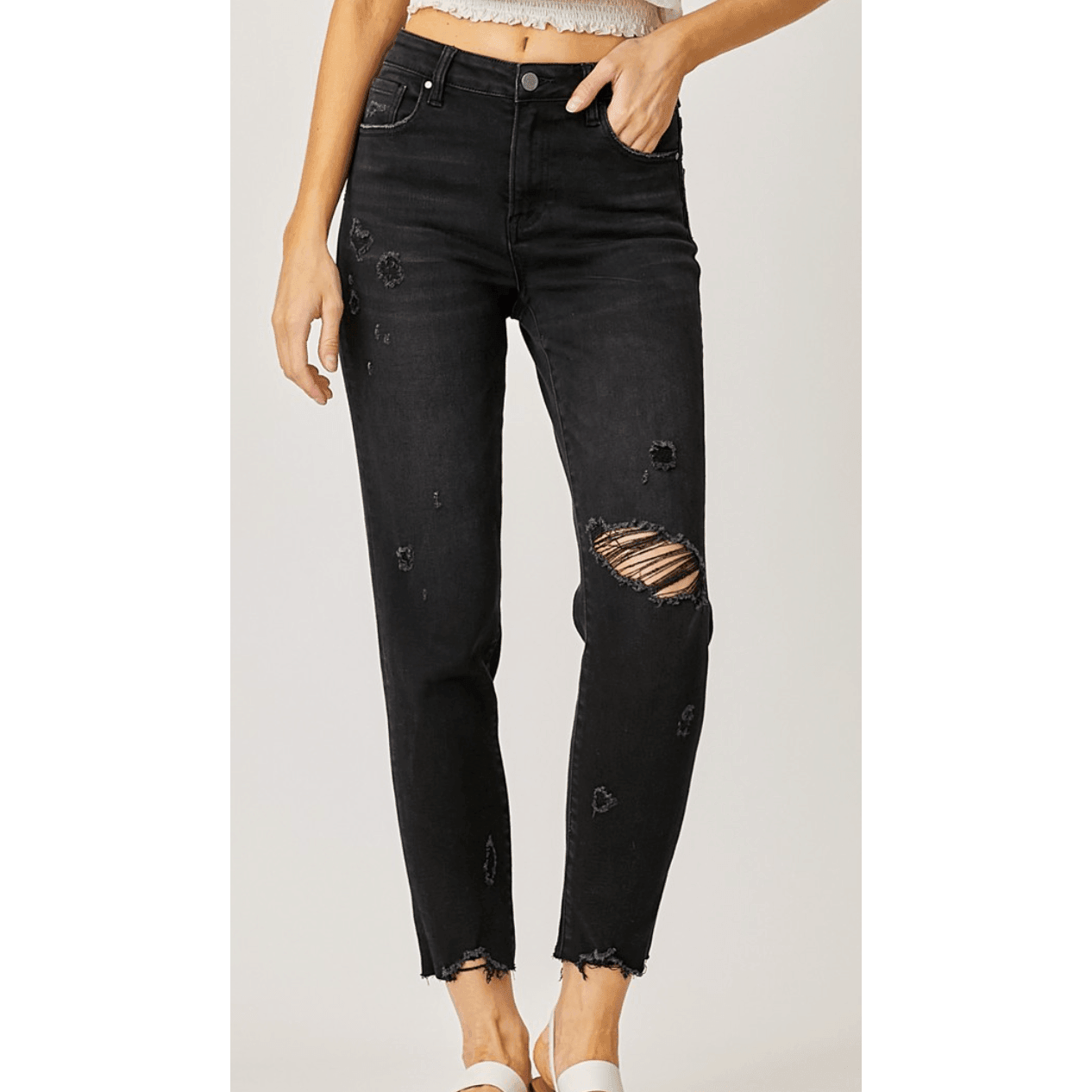 Mid Rise Tapered Distressed Black Jeans