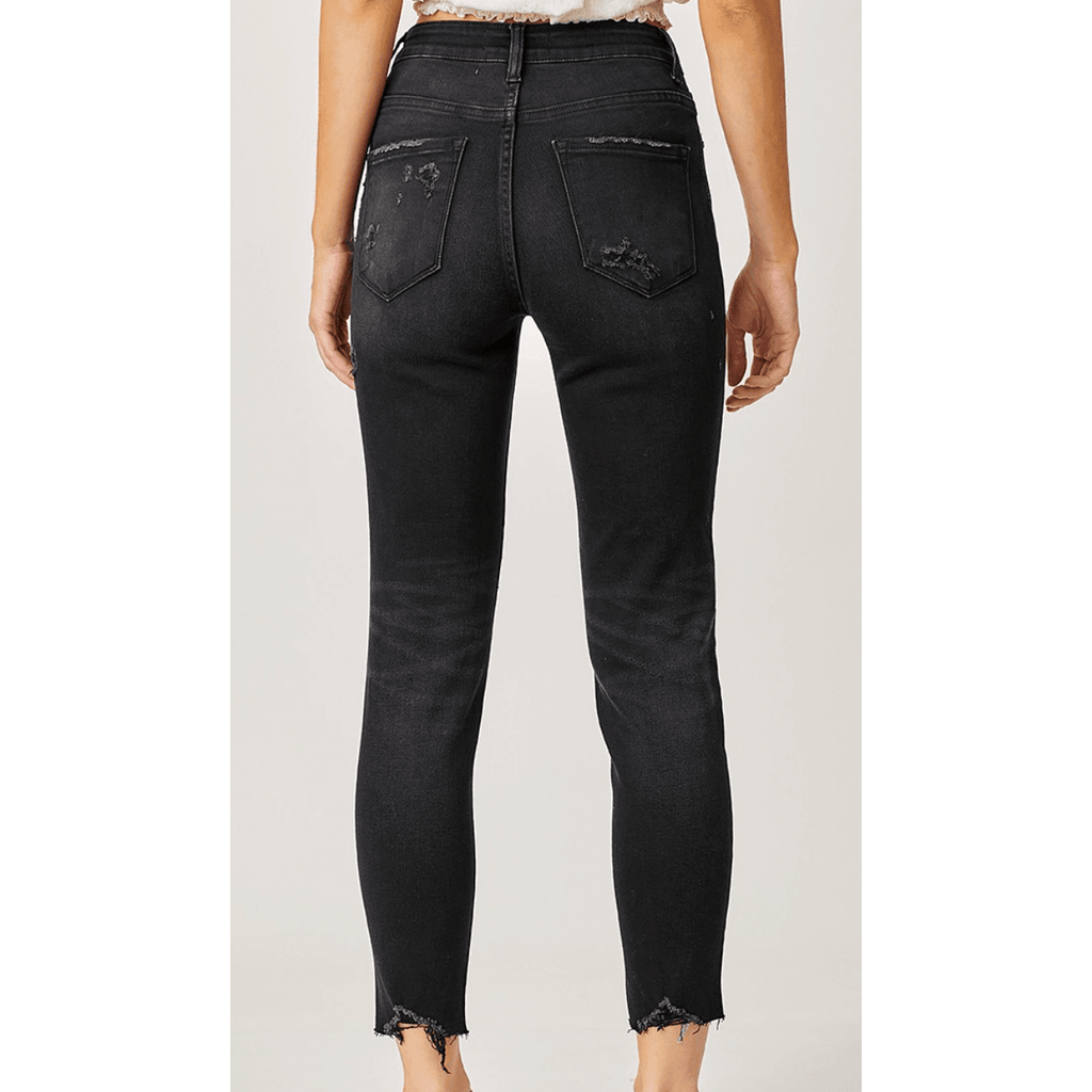 Mid Rise Tapered Distressed Black Jeans